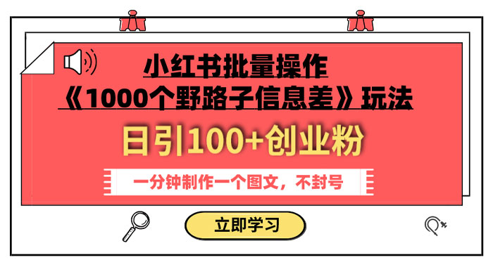 小红书批量操作《 1000 个野路子信息差》玩法，日引 100+ 创业粉，一分钟一个图文